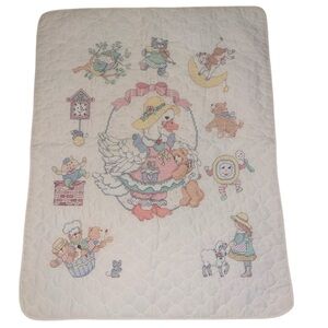 RARE!🎇Completed Bucilla Mother Goose Cross Stitch Crib Blanket Baby Nursery